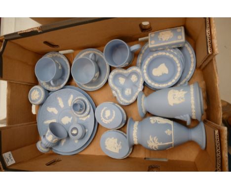A mixed collection of Wedgwood jasperware items to include vases, commemorative plates, cups, saucers, ash trays etc 
