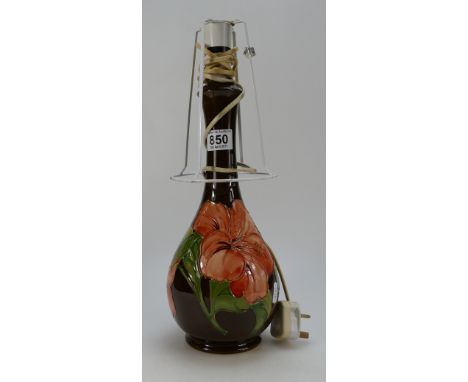 Moorcroft lamp base in the hibiscus design with brown background (height 41cm)