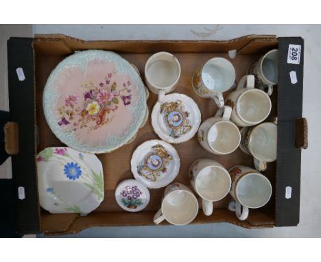 A mixed collection of items to include Local interest commemorative cups, Shelley floral patterned sandwich plates, Hand deco