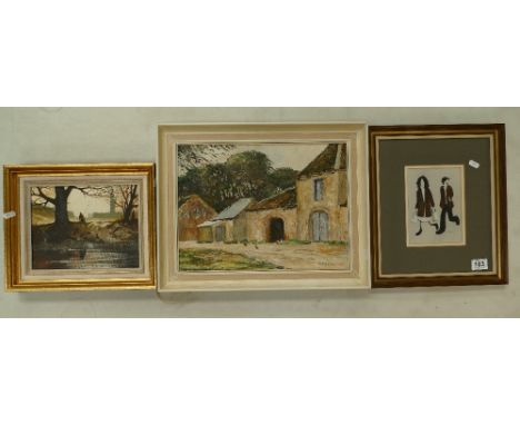 Oil on canvas local artist Reg Johnson landscape theme together with similar Jason signed item depicting man fishing and late