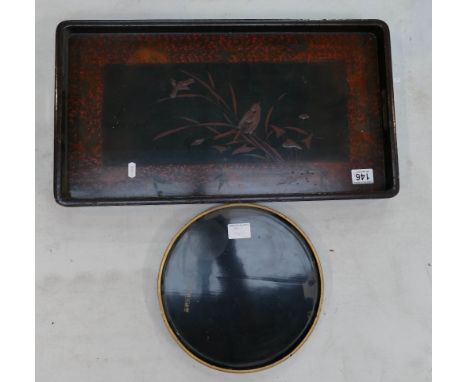 20th Century Japanese lacquered tray with bird decoration together with similar smaller item. (2)