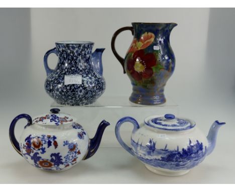 Royal Doulton handpainted Roses pattern jug, Blue Hawthorn Teapot, Norfolk pattern teapot and Nankin patterned smaller teapot