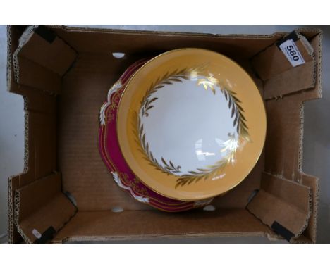 Minton raised gilded plates, Spode gilded plate and footed bowl, plate diameter 27cm  (4)