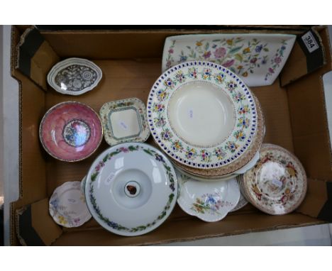 A mixed collection of items to include Maling floral decorated bowl, Minton Hadden Hall pin dish, decorative wall plates, Roy