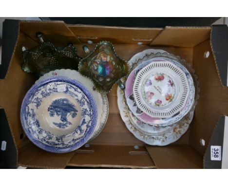 A mixed collection of items to include Carnival glass footed bowls, Royal Staffordshire dinnerware, Devonish patterned plates