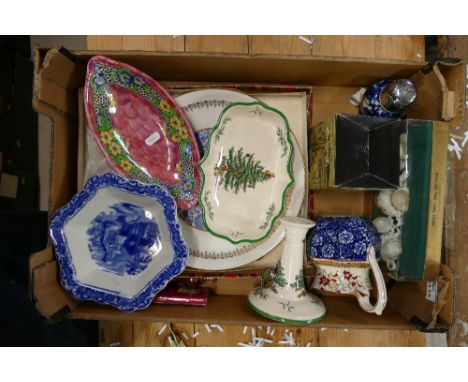 A mixed collection of items to include Maling small floral decorated pin tray, Spode christmas tree decorated candlestick and