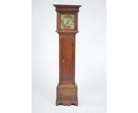 An early 18th Century long case clock with  a 27.5cm brass dial signed Woolley Codnor
With date aperture blued foliate hands,