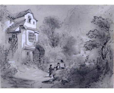 Thomas Creswick RA (British, 1811-1869), 'Figural Landscape'
The monochrome pencil sketch detailed with white ink depicting f