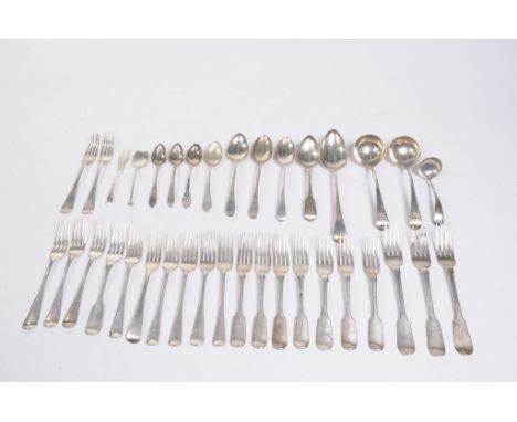 A quantity of Georgian and Victorian silver flatware
Including a set of six Old English pattern salad for,s James Beebe, Lond