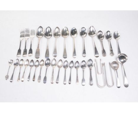 A large quantity of Georgian and Victorian silver flatware
Comprising seven various serving/basting spoons, 14.1oz, three pai