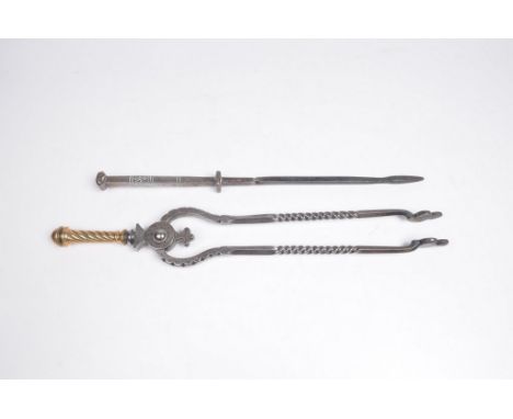 A good George III pair of ember tongs
With spirally turned slender handle, bell top, spirally turned and chisel decorated and