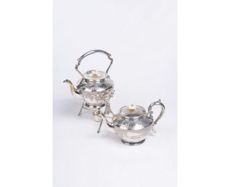 A fine quality James Deakin & Sons Victorian silver-plated spirit kettle and teapot
The shouldered form kettle with engraved 