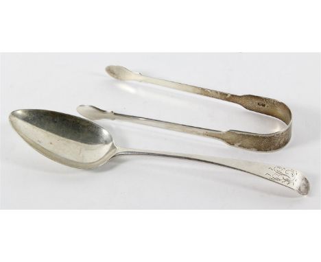 A George III hallmarked silver tablespoon
Of plain form, having a central engraved initial B to handle, London 1804, together