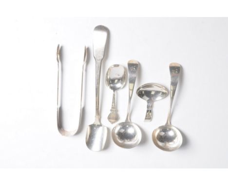 A collection of Georgian and Victorian and later silver Spoons and related items 
To include a George III cheese/stilton spoo