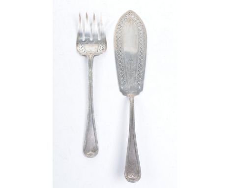 A pair of Victorian silver fish services
Each pierced and engraved with flowering bird and foliate designs, extending to a be