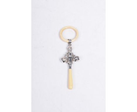 A George V silver and ivorine baby's rattle
The central figural stem adorned with bells and flanked by ivorine handle and loo