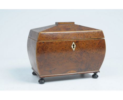 A George IV burr yew-wood sarcophagus tea caddy
The shaped rectangular pyramidal top with a rectangular panel enclosing a div