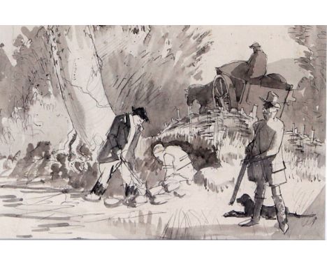 Attributed to W. Savage Cooper, 'Rabbiting' 
The monochrome sketch depicting figures hunting rabbits, unsigned, framed, 13x19