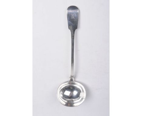 A Victorian fiddle pattern silver ladle
Of typical form, the engraved tip extending to a rounded bowl, 32cm long, Charles Lia