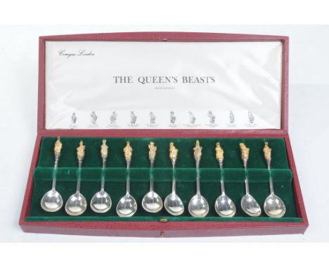 A cased set of ten silver limited edition Queen's Beasts spoons
Commemorating the silver wedding anniversary of Her Majesty Q