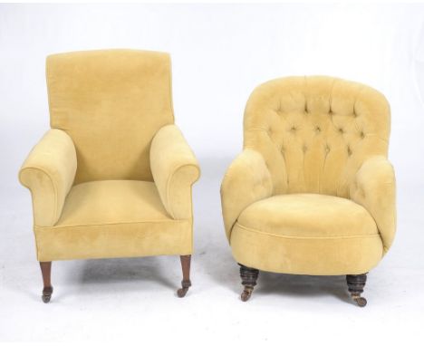 A Victorian upholstered button-back easy chair
With a padded bowfront seat raised on front turned vase shaped legs, plain out