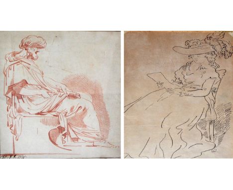 After Thomas Rowlandson 'Lady seated in a chair'
A pencil sketch depicting a lady in brimmed hat reading, framed, 22.5x16cm, 