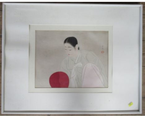 Yamakawa Shuho, colour print, study of a Korean woman with a red fan, 11.5ins x 14.5ins