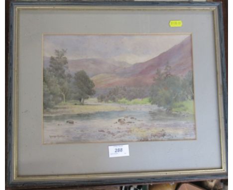 George Oyston, watercolour, landscape, 8.5ins x 11.5ins, together with a French print and another watercolour, coastal scene 