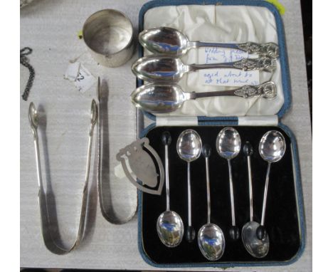 A cased set of silver coffee bean spoons, together with other flatware