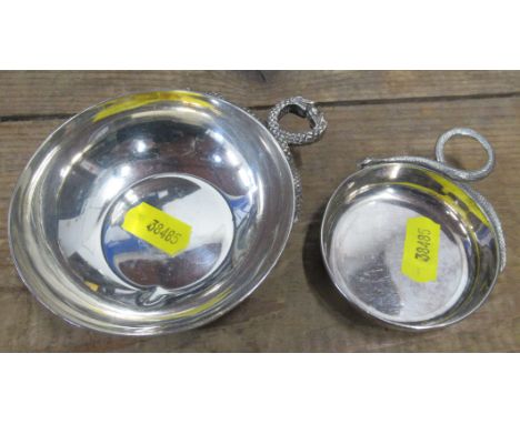 Two silver wine tasting cups, with snake handle, weight 3oz