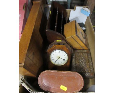 A collection of wooden boxes, a stationary rack and a mantel clock