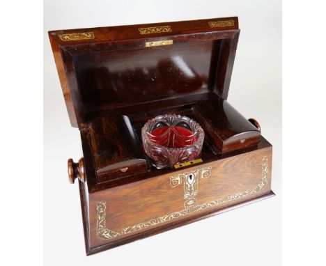 NINETEENTH CENTURY INLAID ROSEWOOD TEA CADDY having foliate mother of pearl inlay to exterior with two turned handles, the hi