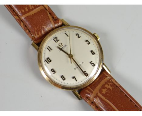 OMEGA GENEVE AUTOMATIC GENTLEMAN'S YELLOW METAL WRISTWATCH, with inscription to reverse "Presented to W.H. Bateman for 44 Yea