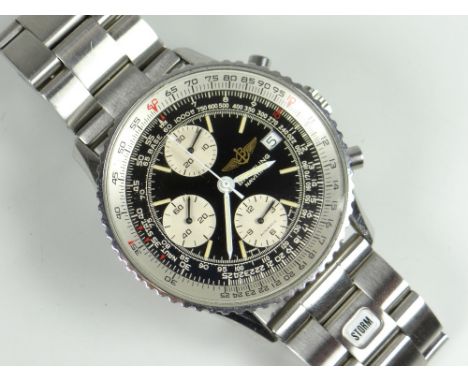 BREITLING NAVITIMER AUTOMATIC STAINLESS STEEL GENTLEMAN'S WRISTWATCH, numbered to reverse 8083 on bracelet marked "STORM." Co