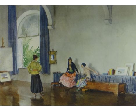 WILLIAM RUSSELL FLINT W J Storey coloured print - semi-clad females dancing  in an interior dance hall / studio, entitled 'Co