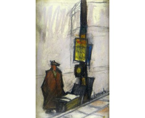 NORMAN CORNISH mixed media - figure on the street with overcoat by a lamp post, entitled verso 'Paper Boy' on label for Stone