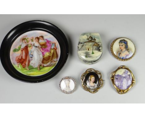 GROUP OF PORTRAIT MINIATURES to include four circular and oval miniatures depicting females in period dress and milk maid, ci