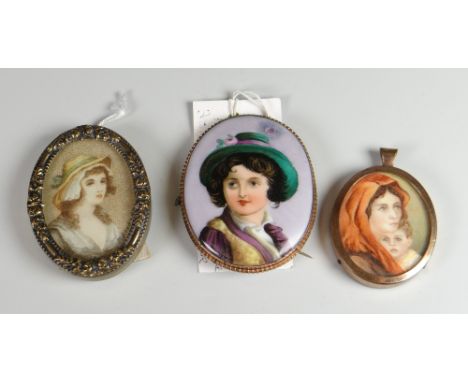 NINETEENTH CENTURY PORTRAIT MINIATURE OF MOTHER &amp; CHILD together with miniature of a young girl in green hat on porcelain