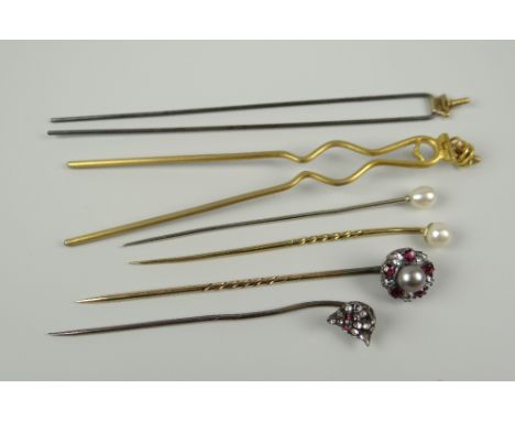 GROUP OF ASSORTED HAT PINS to include diamond and ruby cluster, fox head, pearl and others (6) Condition Report: Appear in go