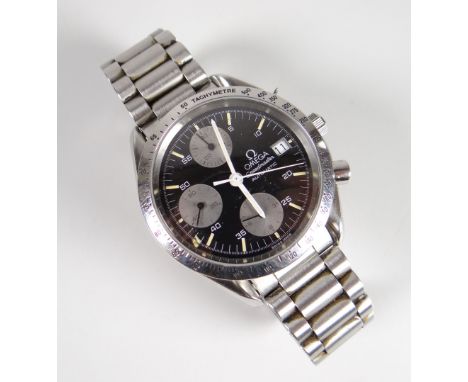 OMEGA SPEEDMASTER AUTOMATIC STAINLESS STEEL WRISTWATCH, numbered to reverse 53198170. Condition Report: Pusher button casing 