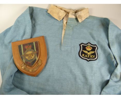 A 1950s RAF XV RUGBY UNION JERSEY NUMBER 5 ISSUED TO GARETH GRIFFITHS aquamarine with white collar and bearing felt crest, bl