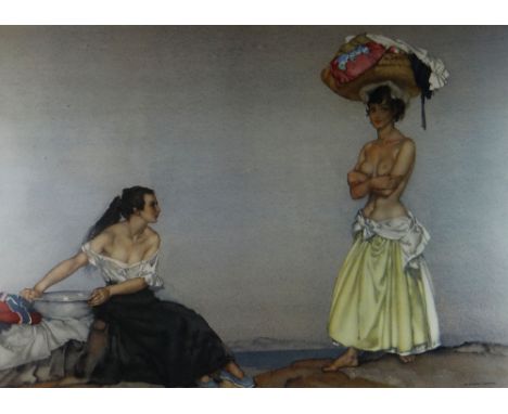 WILLIAM RUSSELL FLINT Frost &amp; Reed coloured print - two scantily clad females on the shore with coastline in background, 