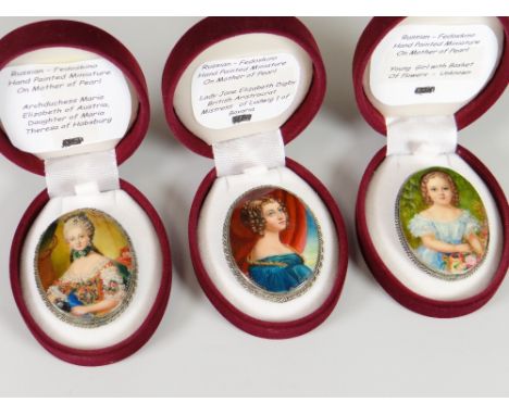 THREE SIMILAR BELIEVED RUSSIAN FEDOSKINO HAND PAINTED MINIATURES on mother of pearl, the sitters believed to be Arch Duchess 