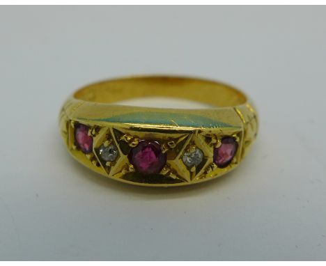 An 18ct gold, ruby and diamond ring, London 1919, 3.5g, N