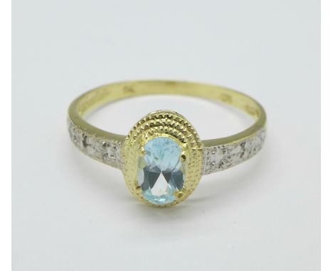 A 9ct gold, topaz and diamond ring, 1.1g, O