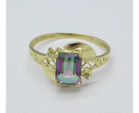 A 9ct gold, mystic topaz and diamond ring, 1g, O