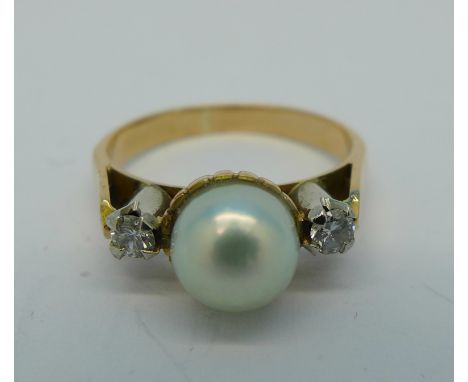 A yellow metal, pearl and diamond ring, 3.7g, L