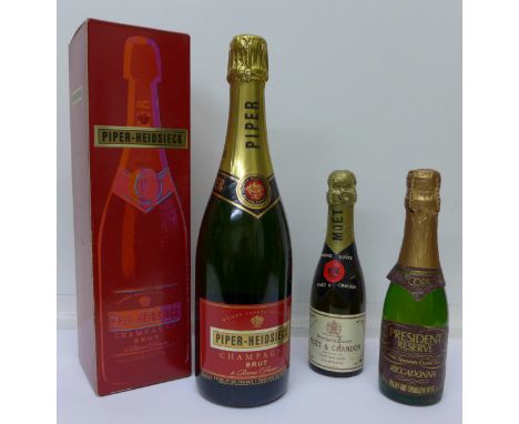 A bottle of Piper-Heidsieck Champagne Brut, boxed 750ml, a small bottle of Premiere Cuvee Moet & Chandon Champagne and a smal