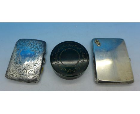 Two silver cigarette case and a white metal box, (one case 800 silver), total weight 199g