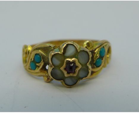 A Victorian 15ct gold, turquoise, pearl and red stone ring, pearls a/f, Birmingham 1863, 1.9g, J